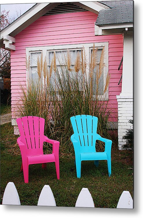 Pink Metal Print featuring the photograph Pink and Blue Chairs by Jan Marvin by Jan Marvin