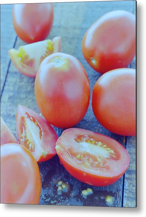 Fruits Metal Print featuring the photograph Plum Tomatoes On A Wooden Board by Romulo Yanes
