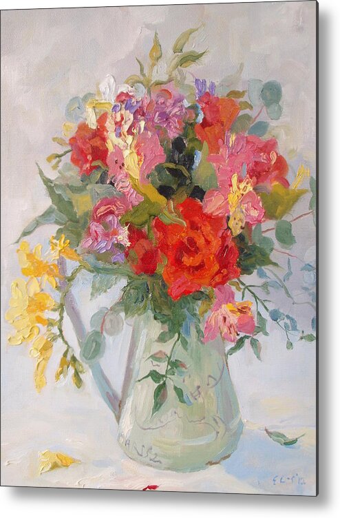 Still Life Metal Print featuring the painting Posy in Green Jug by Elinor Fletcher