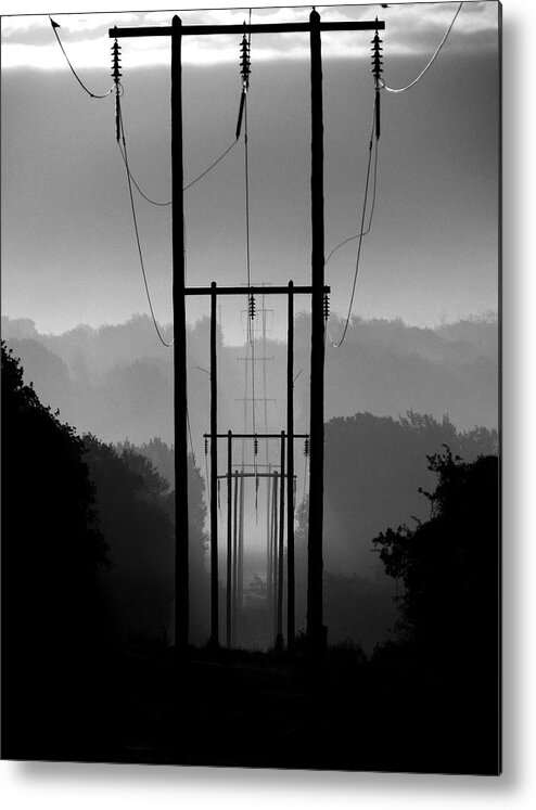 Power Lines Metal Print featuring the photograph Power In The Morning Mist by Shannon Story