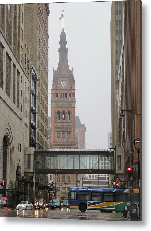 Milwaukee Metal Print featuring the photograph Rain City Hall and Bus by Anita Burgermeister