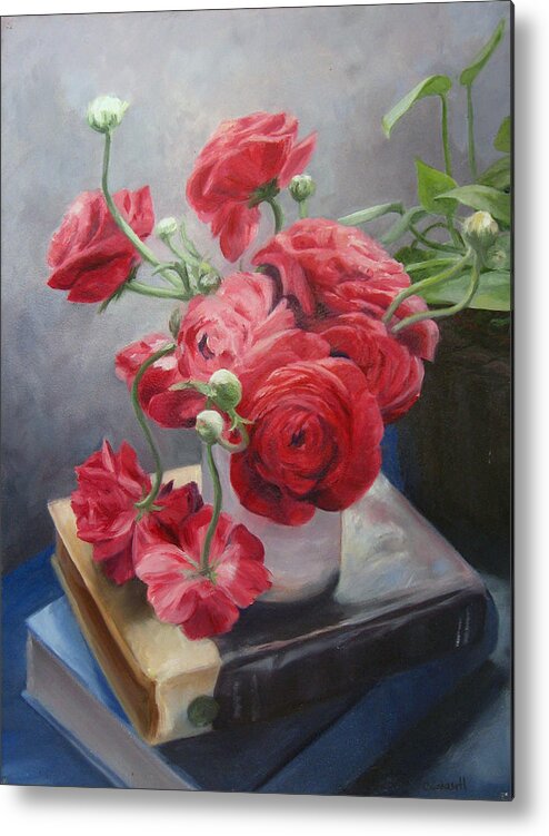 Flowers Metal Print featuring the painting Ranunculus on Books by Connie Schaertl