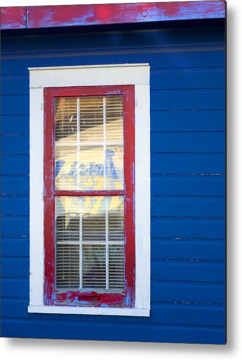 Window Metal Print featuring the photograph Red and White Window in Blue Wall by Lynn Hansen