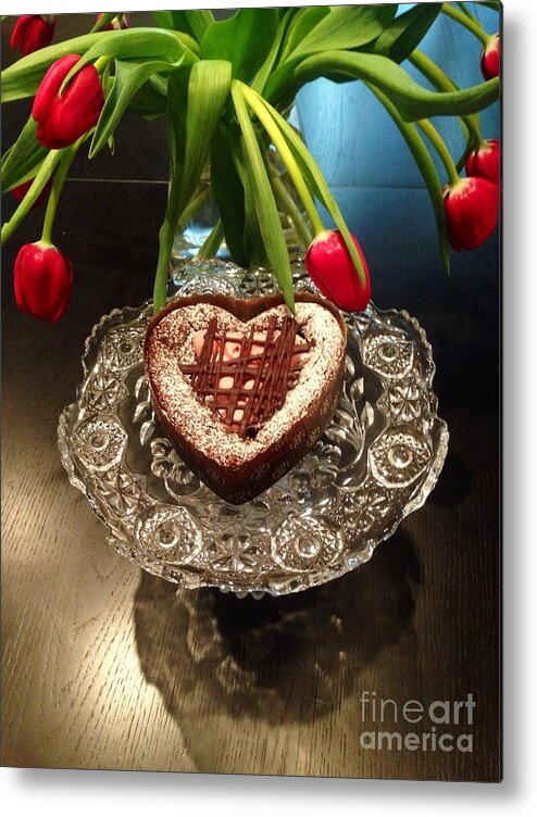  Red Tulip And Chocolate Heart Metal Print featuring the photograph Red Tulip And Chocolate Heart Dessert by Susan Garren