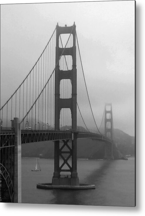 Sailboat Metal Print featuring the photograph Sailboat Passing Under Golden Gate Bridge by Connie Fox