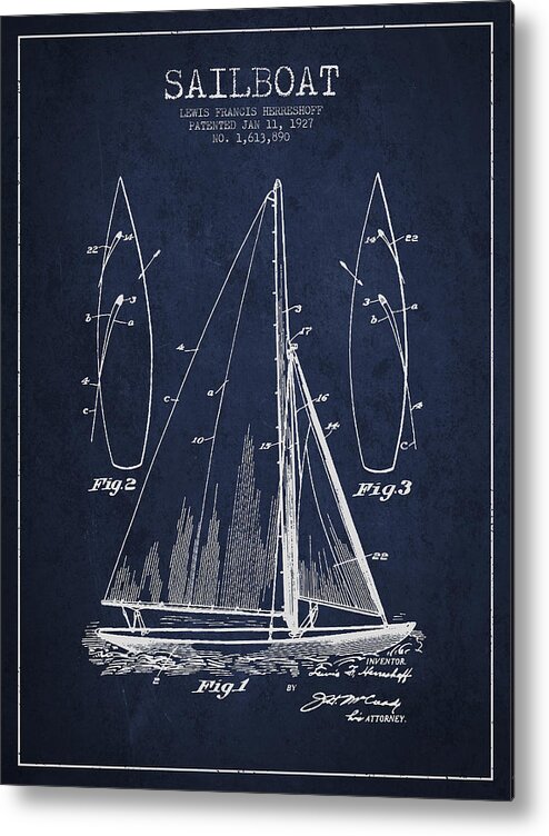 Sailboat Metal Print featuring the digital art Sailboat Patent Drawing From 1927 by Aged Pixel