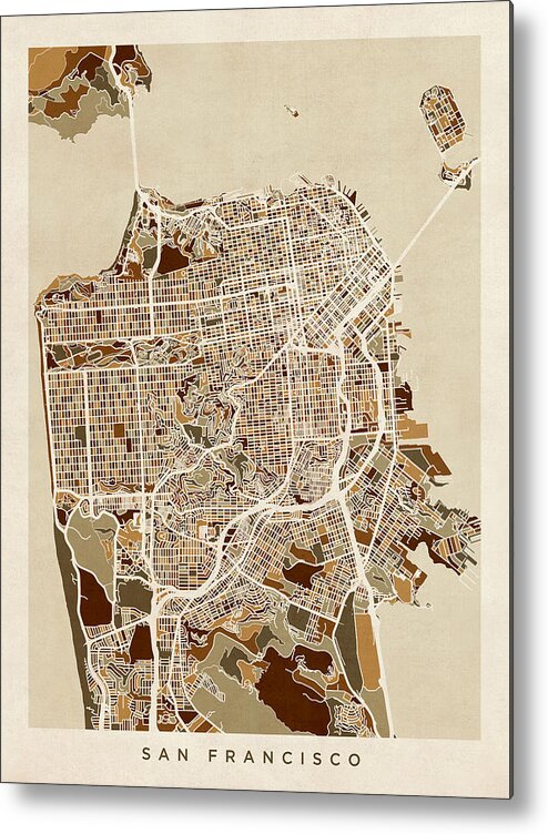 San Francisco Metal Print featuring the digital art San Francisco City Street Map by Michael Tompsett