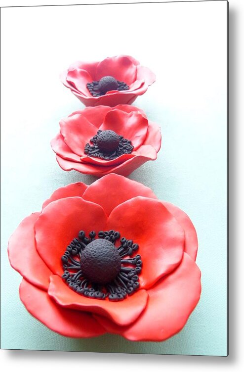 Home & Living Metal Print featuring the ceramic art Set of three red poppy flowers by Lenka Kasprisin