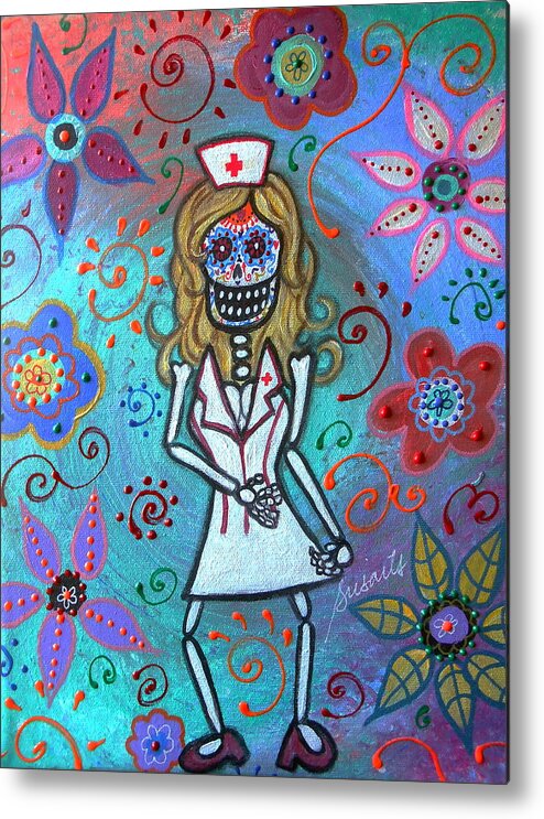 Sexy Metal Print featuring the painting Sexy Blond Nurse Day Of The Dead by Pristine Cartera Turkus