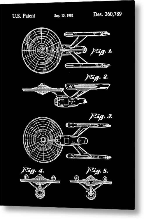 Star Trek Metal Print featuring the digital art Star Trek USS Enterprise Toy Patent 1981 - Black by Stephen Younts
