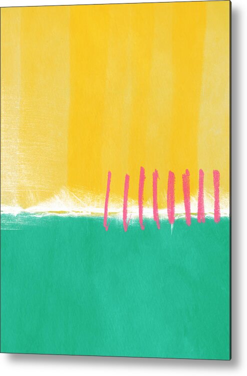 Large Contemporary Abstract Landscape Abstract Painting Yellow And Pink Yellow And Turquoise Yellow Abstract Painting Fresh Spring Summer Nature Cheery Painting Lobby Art Office Art Hospitality Art Studio Art Gallery Art Turquoise Art Contemporary Abstract Painting Zen Abstract Metal Print featuring the painting Summer Walk by Linda Woods