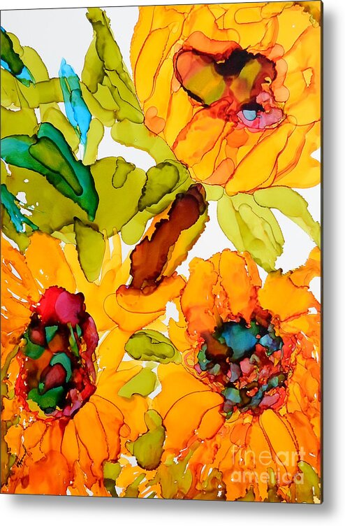 Alcohol Ink Metal Print featuring the painting Sunflower Trio by Vicki Housel
