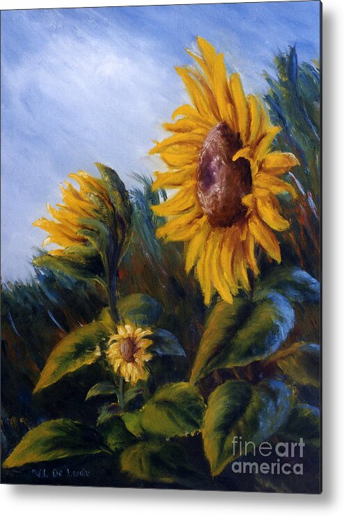 Flower Metal Print featuring the painting Sunflowers on Green Hill Under Blue Sky by Lenora De Lude