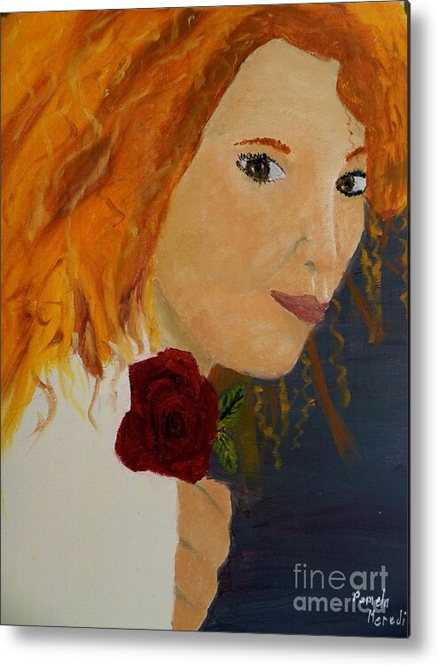Portrait Metal Print featuring the painting Sweet Lady holding a Rose by Pamela Meredith