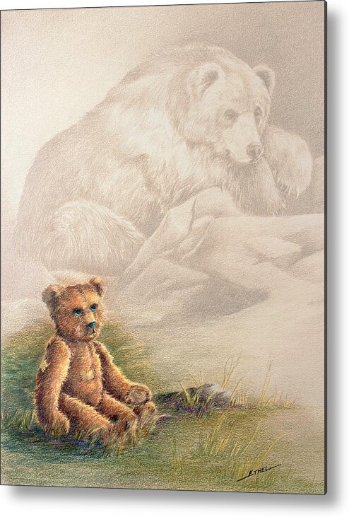 Teddy Bear Metal Print featuring the drawing Tattered Bear by Judi Quelland