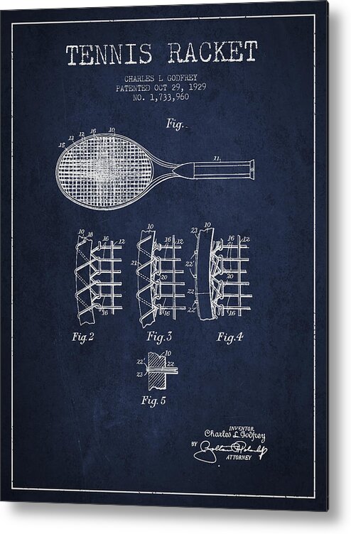 Tennis Metal Print featuring the digital art Tennnis Racket Patent Drawing from 1929 by Aged Pixel