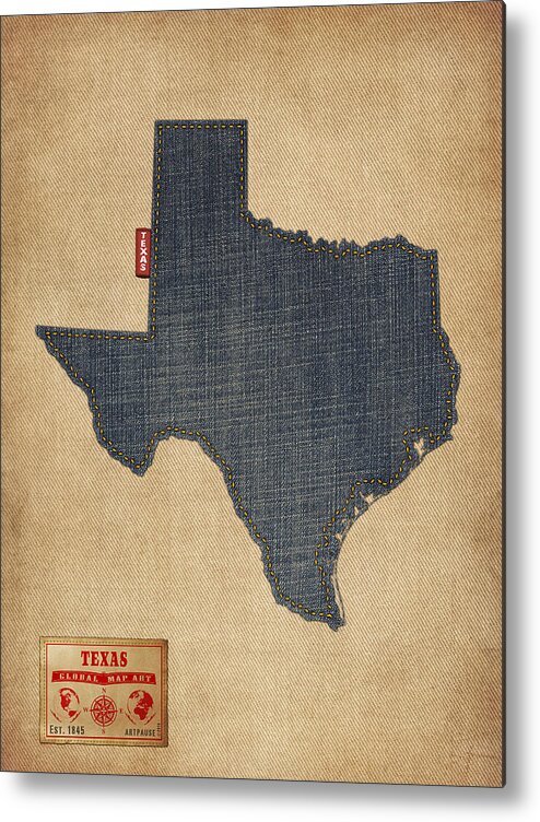 United States Map Metal Print featuring the digital art Texas Map Denim Jeans Style by Michael Tompsett