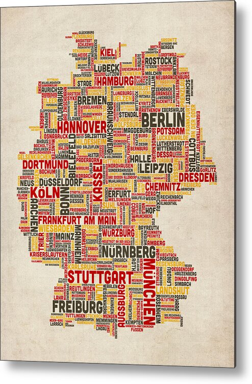 Text Map Metal Print featuring the digital art Text Map of Germany Map by Michael Tompsett