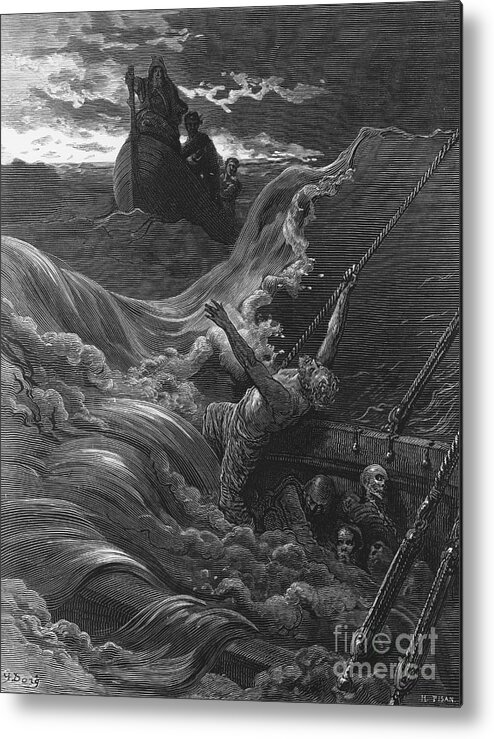 Rescue; Rescuing; Dore Metal Print featuring the drawing The mariner as his ship is sinking sees the boat with the Hermit and Pilot by Gustave Dore