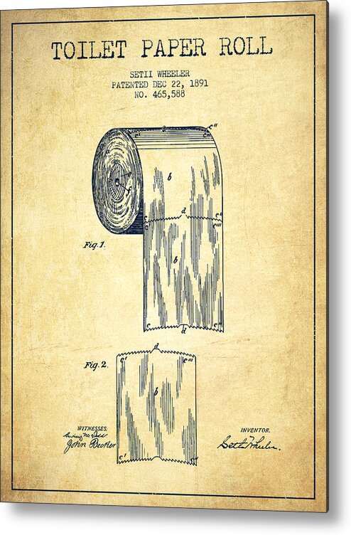 Toilet Metal Print featuring the digital art Toilet Paper Roll Patent Drawing From 1891 - Vintage by Aged Pixel