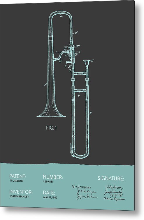 Trombone Metal Print featuring the digital art Trombone Patent from 1902 - Modern Gray Blue by Aged Pixel