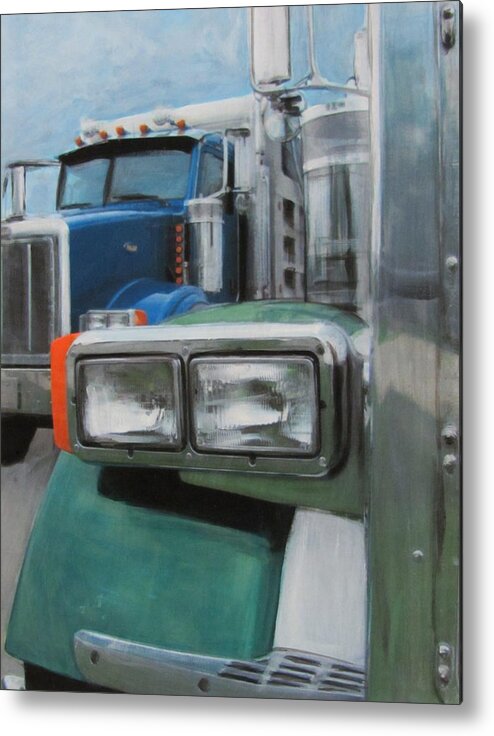 Truck Metal Print featuring the painting Trucks in Green and Blue by Anita Burgermeister