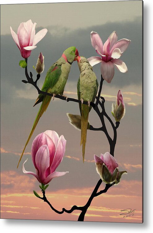 Alexandrine Parakeet Metal Print featuring the painting Two Parrots in Magnolia Tree by M Spadecaller