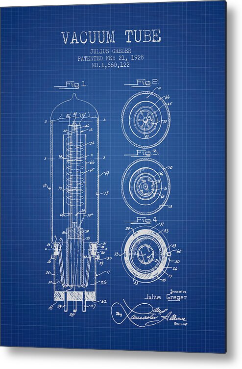Vacuum Tube Patent From 1928 - Blueprint Metal Print by Aged Pixel