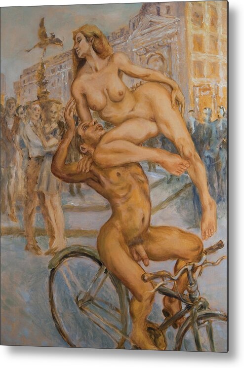 Nudes Metal Print featuring the painting Venus and Adonis cycling under Eros by Peregrine Roskilly