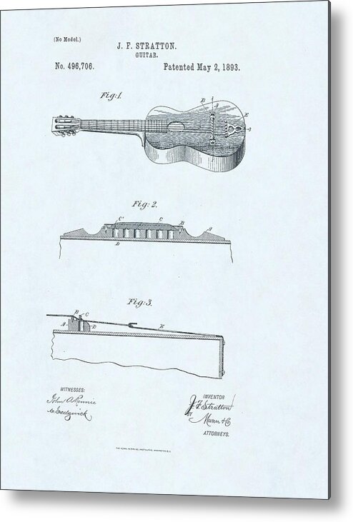 Electric Metal Print featuring the drawing Guitar Patent drawing on blue background #11 by Steve Kearns