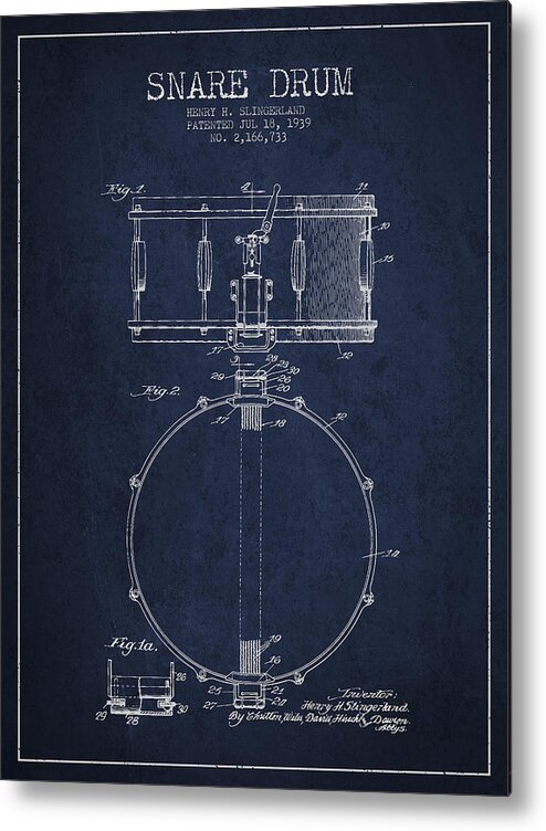 Snare Drum Metal Print featuring the digital art Snare Drum Patent Drawing from 1939 - Blue by Aged Pixel