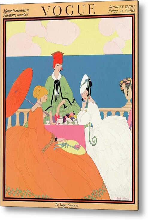 Illustration Metal Print featuring the photograph Vogue Cover Featuring Women Dining By The Seaside by Helen Dryden