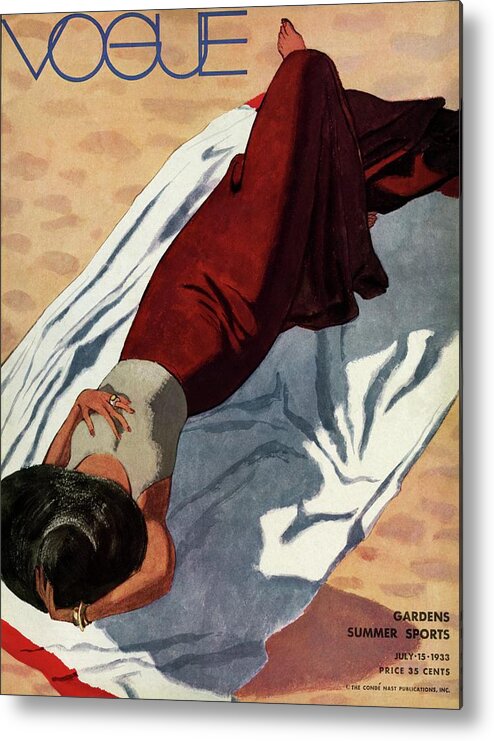 Illustration Metal Print featuring the painting Vogue Cover Illustration Of A Woman Lying by Pierre Mourgue