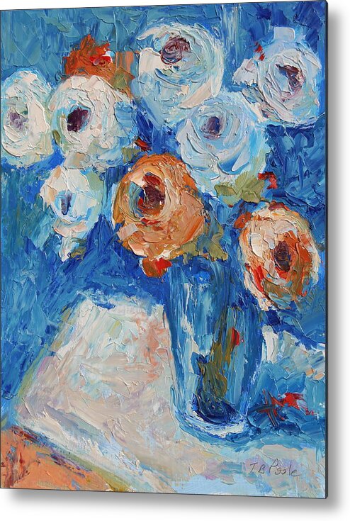 White And Orange Roses In A Sea Of Blue Oil Painting Original Palette Knife Impasto Metal Print featuring the painting White and Orange Roses in a Sea of Blue by Thomas Bertram POOLE