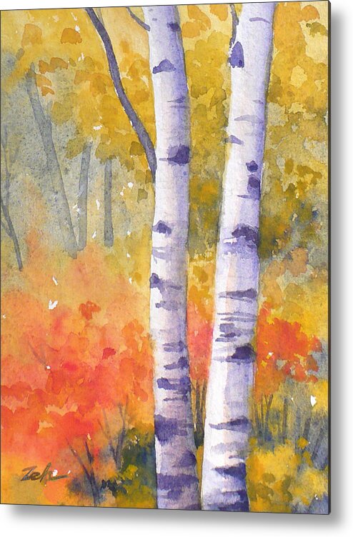 Birch Metal Print featuring the painting White Birches in Autumn by Janet Zeh