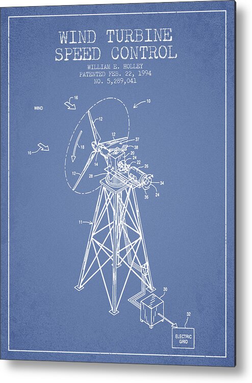 Wind Turbine Metal Print featuring the digital art Wind Turbine Speed Control Patent from 1994 - Light Blue by Aged Pixel