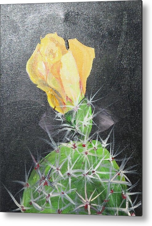 Portrait Metal Print featuring the painting Yellow Cactus Blossom by Carolyn Speer