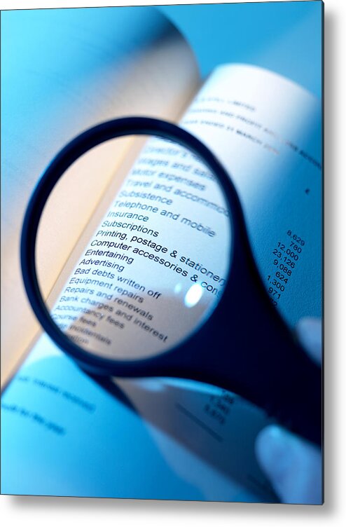 Magnifying Glass Metal Print featuring the photograph Financial Paperwork #1 by Tek Image