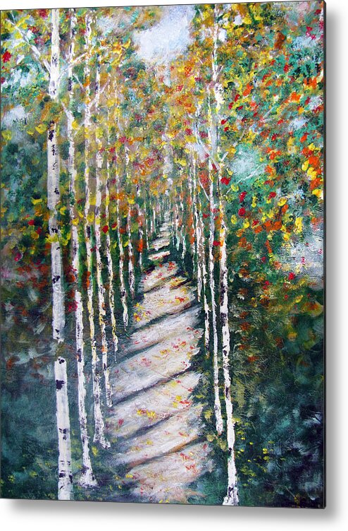 Trees Metal Print featuring the painting Birch Path in Fall by Gary Smith