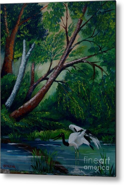 Jaribu Bird Of Costa Rica Metal Print featuring the painting Bird in the swamp by Jean Pierre Bergoeing