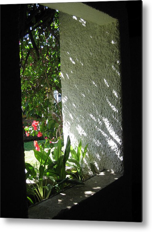 Light And Shadow On White Stucco Wall Metal Print featuring the photograph Garden Window by Sarah Hornsby