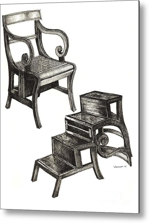 Regency Metal Print featuring the drawing Ink drawing of Regency Metamorphic chair by Adendorff Design