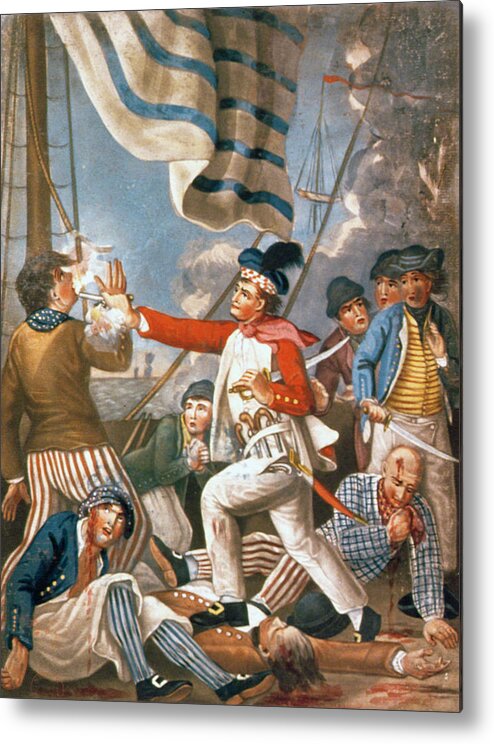 United States Of America; Us History; Usa; American Revolutionary War; Revolution; War Of Independence; C18th; Hms Serapis; Bonhomme Richard; Injured; Wounded; Sea Battle; Dead; Heroic; Naval; American Navy; Hero; Deck; Maritime; Killing; Fight; Action Metal Print featuring the painting John Paul Jones Shooting a Sailor Who had Attempted to Strike His Colours in an Engagement by John Collet