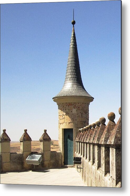 Segovia Metal Print featuring the photograph On the Roof of Segovia Castle with Cone Shaped Railing in Spain by John Shiron