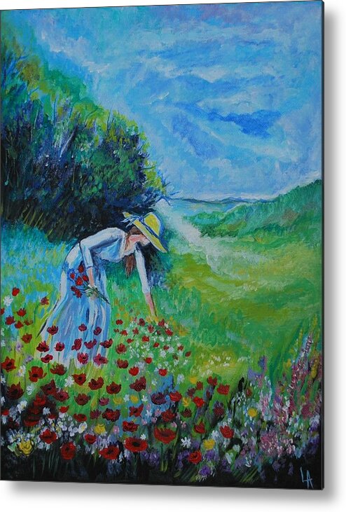 Poppy Metal Print featuring the painting Picking Flowers by Leslie Allen