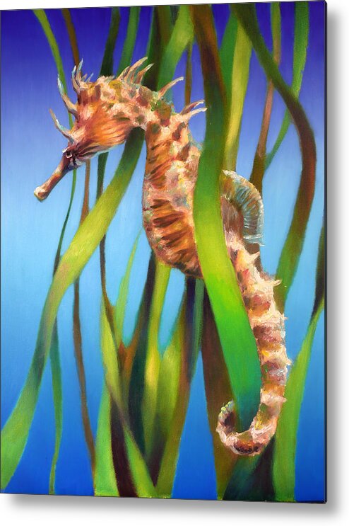 This Is An Oil Painting Portrait Of The Seahorse Among The Reeds On A Smooth Graduated Blue Background. This Painting Is One Of A Set. Inspiration For This Painting Came From Visiting Several City Aquariums. Metal Print featuring the painting Seahorse II among the Reeds by Nancy Tilles