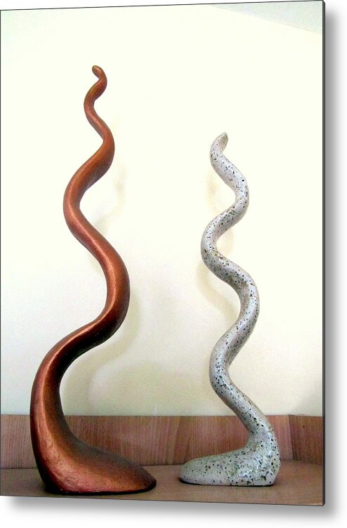 Serpants Metal Print featuring the sculpture Serpants Duo pair of abstract snake like sculptures in brown and spotted white dancing upwards by Rachel Hershkovitz
