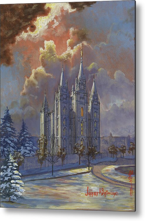 Salt Lake Temple Metal Print featuring the painting Winter Solace by Jeff Brimley