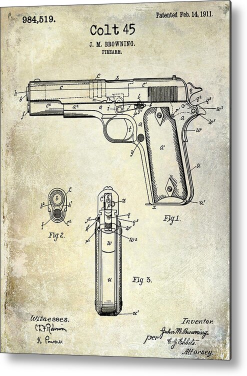 Pistol Metal Print featuring the photograph 1911 Colt 45 Firearm Patent by Jon Neidert