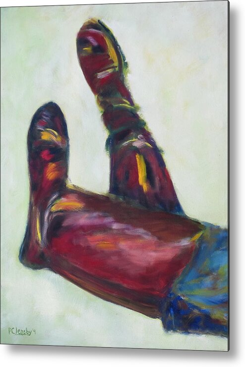 Original Oil Boots Metal Print featuring the painting Riding boots #1 by Patricia Cleasby